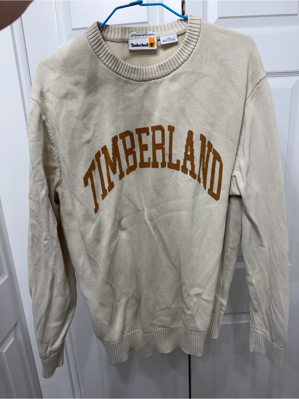 Timberland Cream Crewneck Sweater with Brown Logo Arch